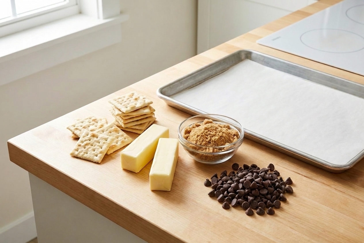 Saltine crackers arranged with butter, brown sugar, and chocolate chips on a kitchen counter next to a parchment-lined rimmed baking sheet