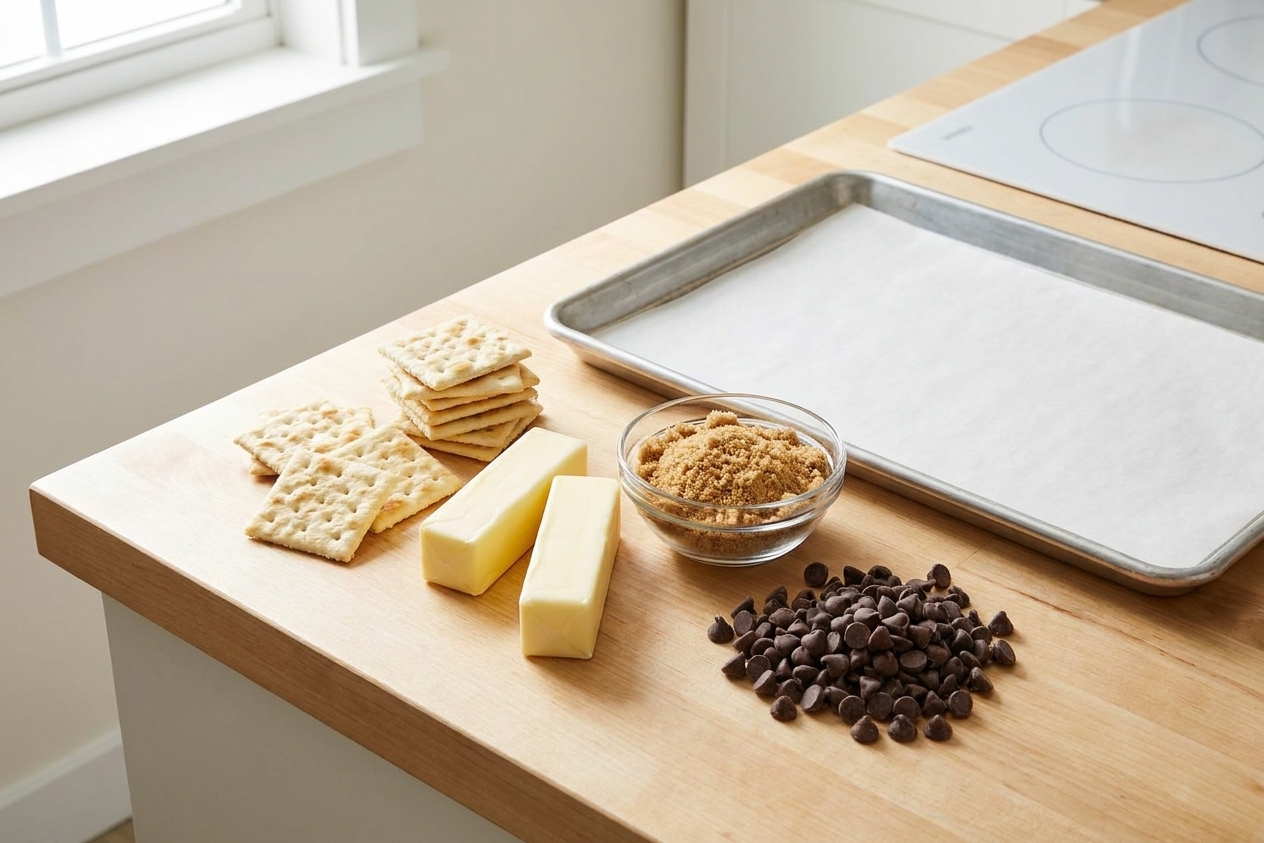 Saltine crackers, sticks of butter, brown sugar, and chocolate chips arranged on a clean kitchen counter with a rimmed baking sheet nearby