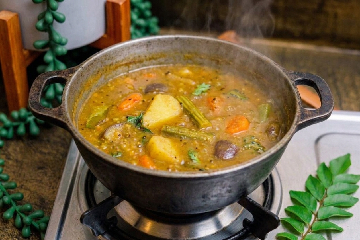 Sambar simmering in a pot with visible vegetables and lentils, steam rising in a home kitchen