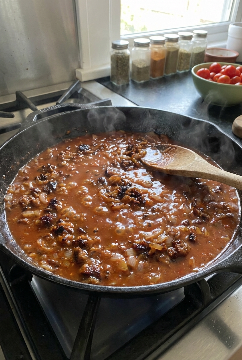 Sauce simmering in a skillet with browned bits and minced shallots
