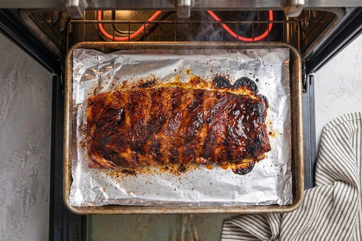Sauced pork ribs on a sheet pan under an oven broiler with bubbling, caramelized barbecue glaze