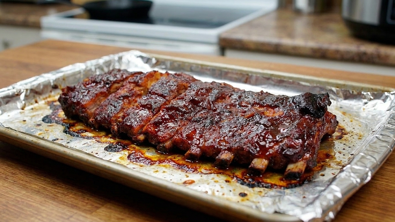 Sauced ribs on a foil-lined sheet pan just after broiling, with caramelized bubbles on the surface