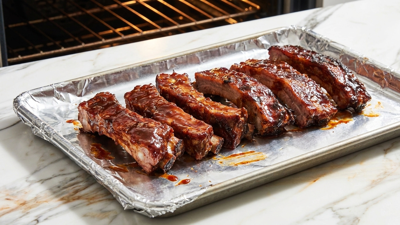 Sauced ribs on a foil-lined sheet pan ready to go under the oven broiler