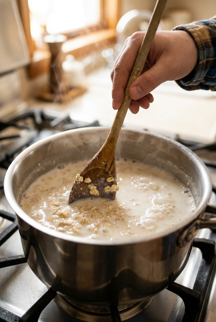 Saucepan of simmering oats and milk with a wooden spoon stirring as the oatmeal thickens