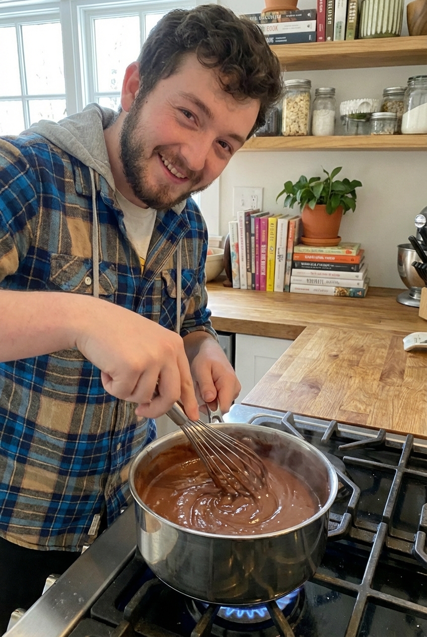 Saucepan on a stovetop with a hand whisk mixing chocolate pudding as it thickens