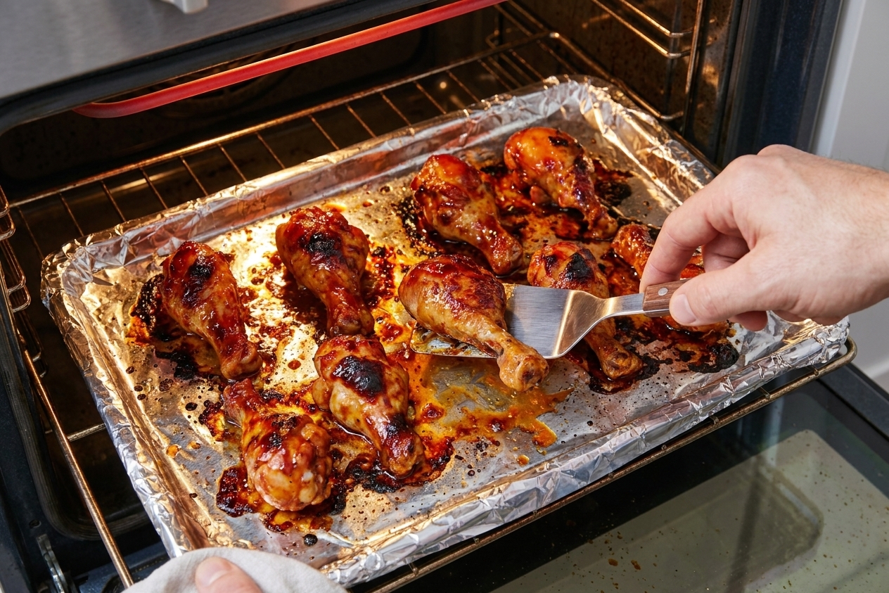 Saucy chicken drumettes on a foil-lined sheet pan under a kitchen broiler with caramelized spots forming on the skin