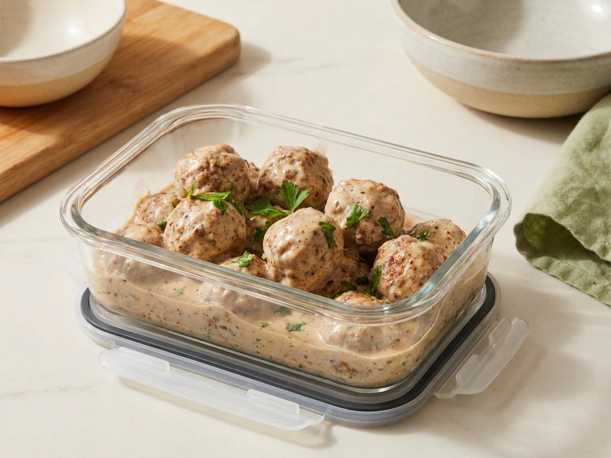 Saucy meatballs portioned into a clear airtight food storage container on a kitchen counter, ready for the refrigerator