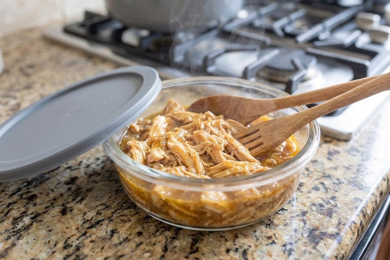 Saucy shredded chicken cooling in a shallow airtight container on a kitchen counter, ready for storing