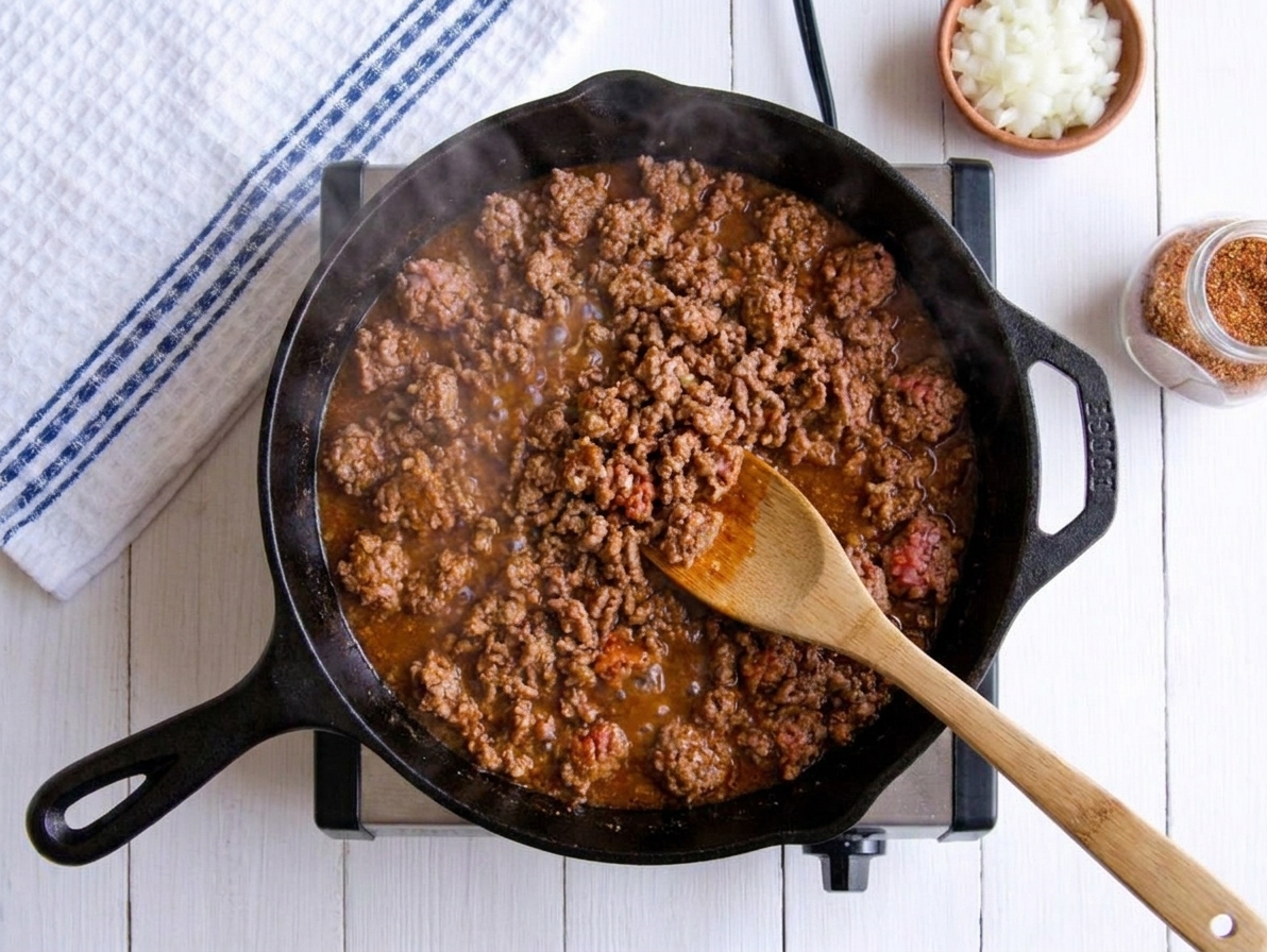 Saucy taco meat simmering in a skillet with a little steam rising as it thickens