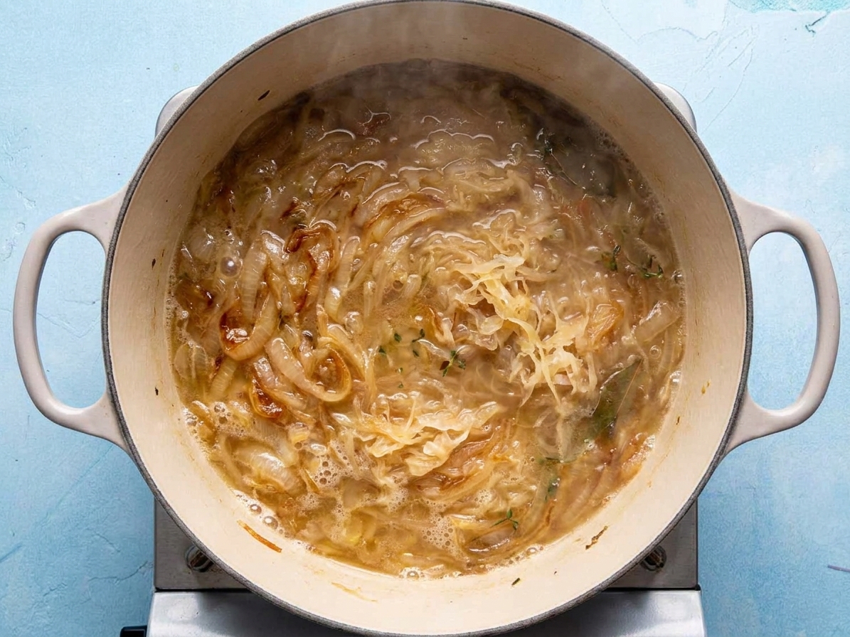 Sauerkraut and onions simmering in a Dutch oven with broth, showing gentle bubbles around the edges