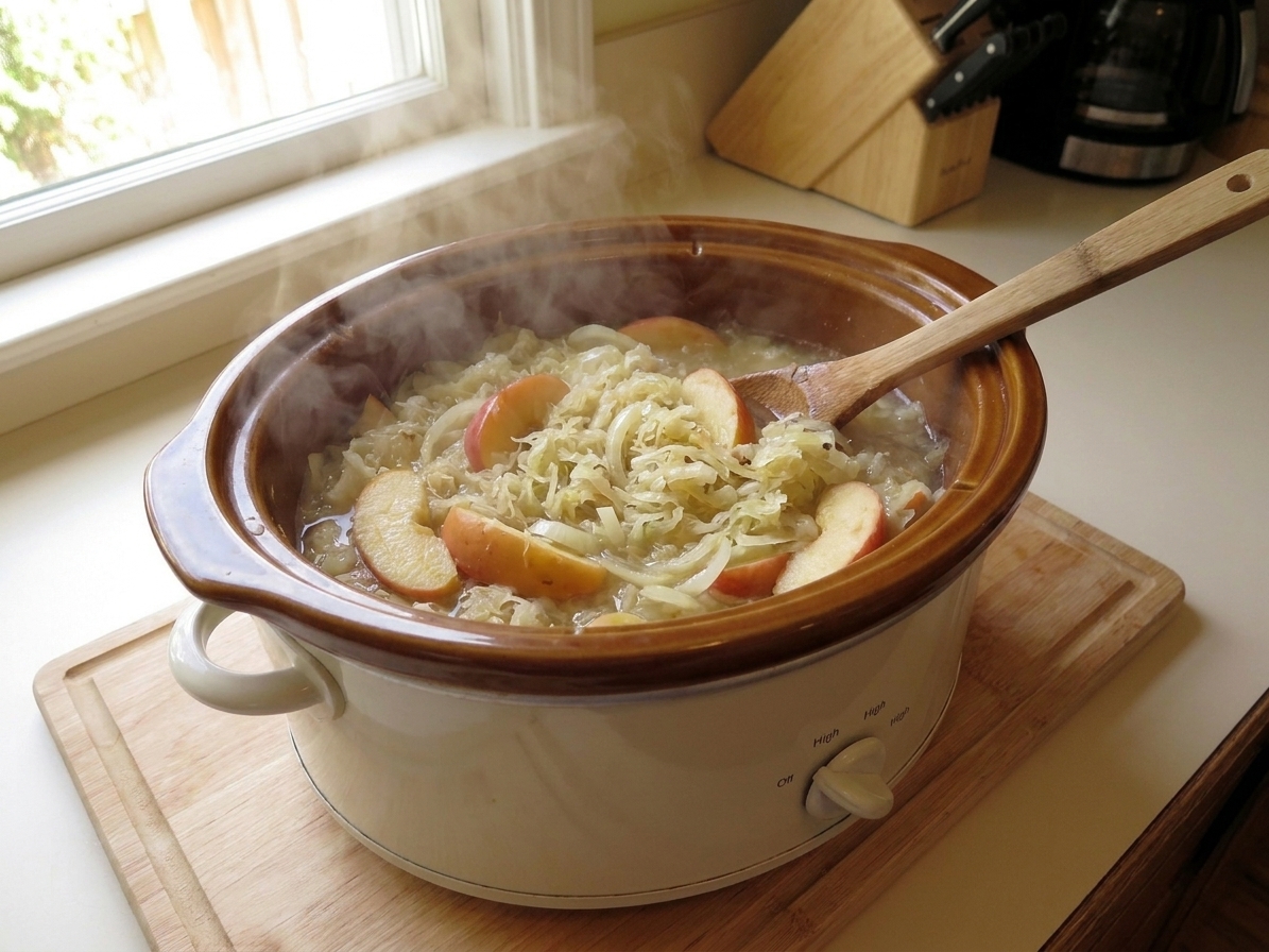 Sauerkraut simmering with onion slices and apple wedges in a slow cooker, steam rising