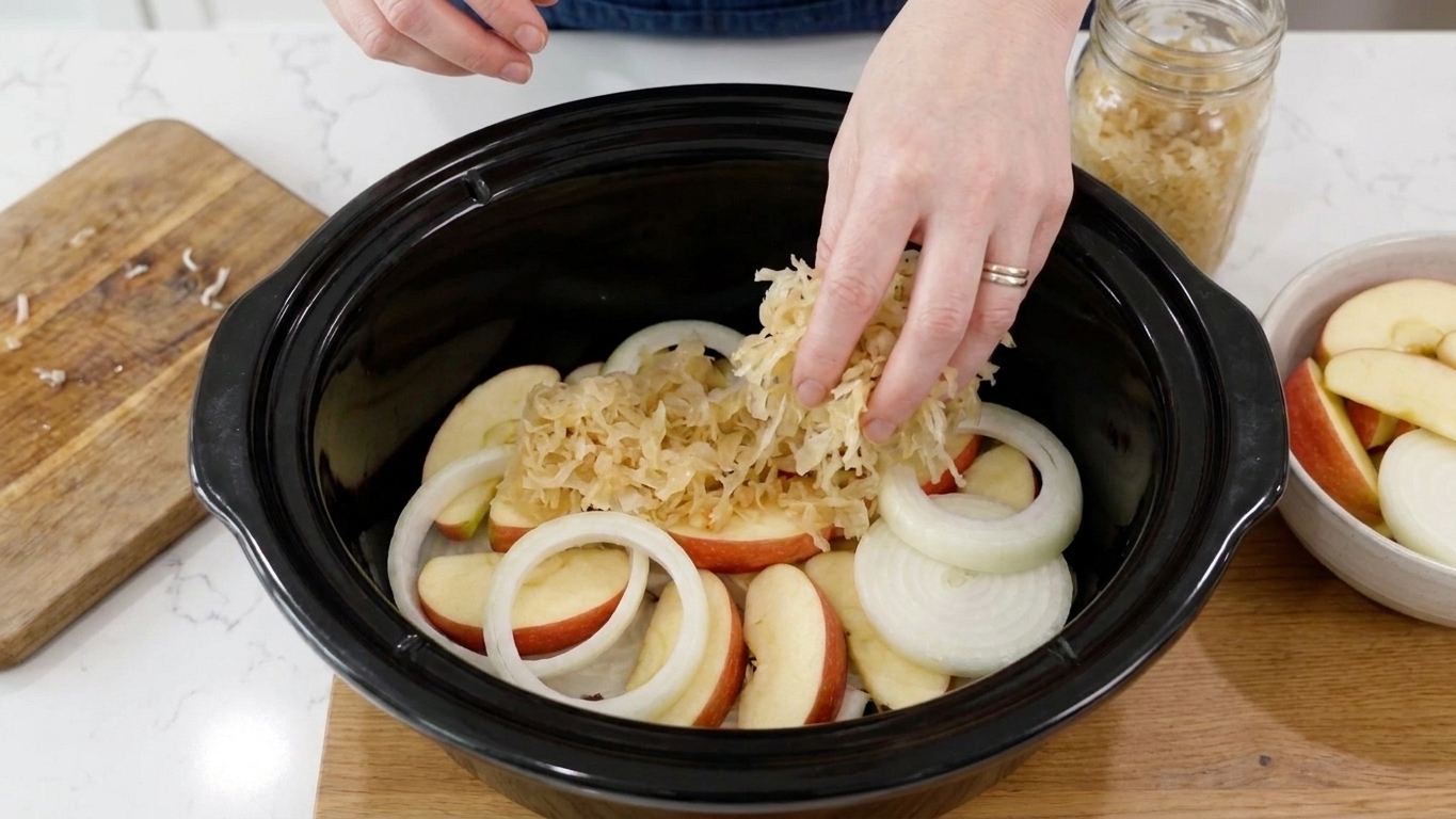 Sauerkraut, sliced apples, and onions layered in a slow cooker insert before cooking