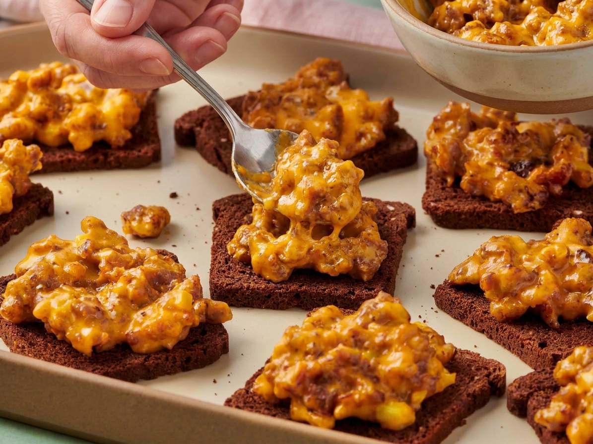 Sausage and melted cheese mixture being spooned onto cocktail rye slices arranged on a baking sheet