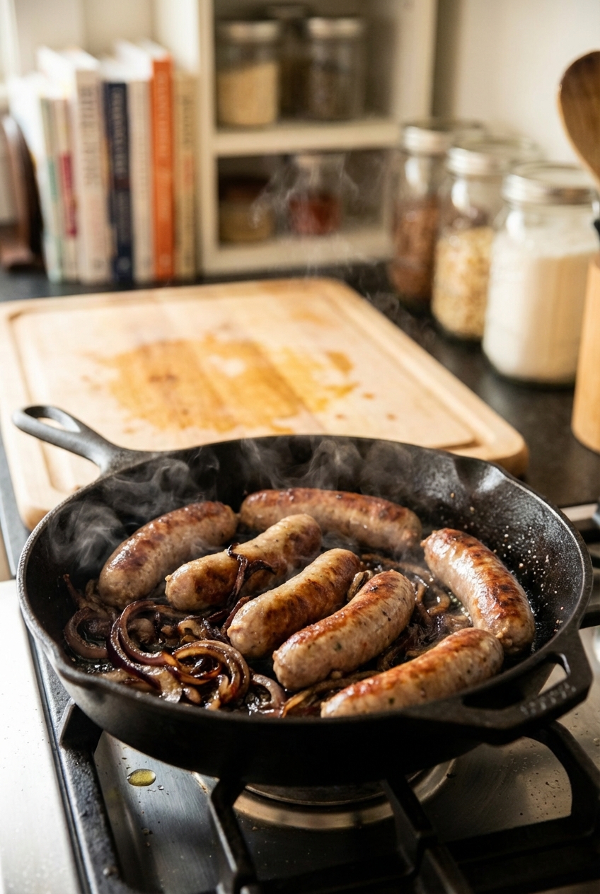 Sausages searing in a skillet with caramelized onions