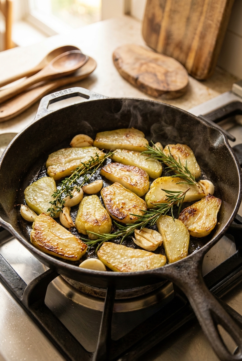Sautéed chayote slices with browned edges in a cast iron skillet with garlic and herbs