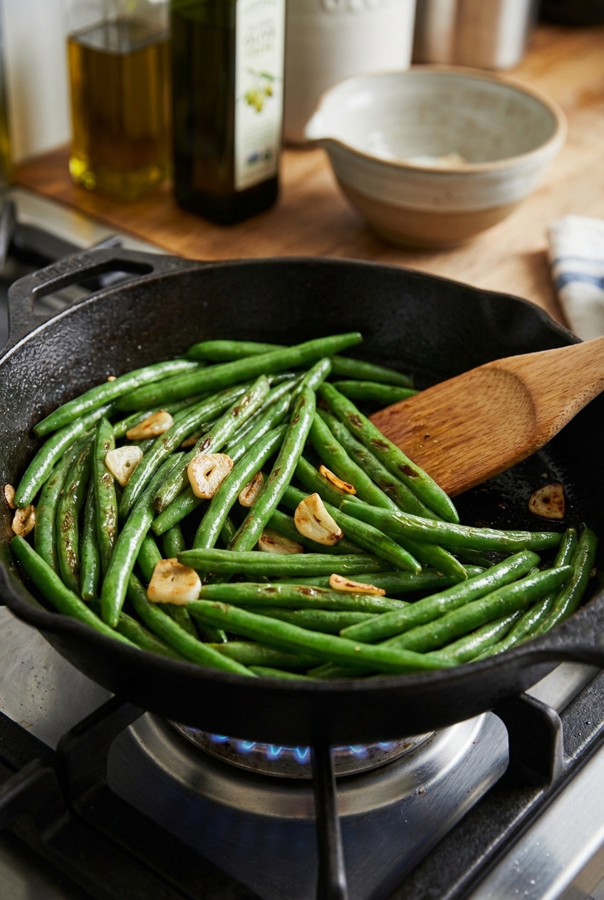 Sautéed green beans with garlic in a skillet