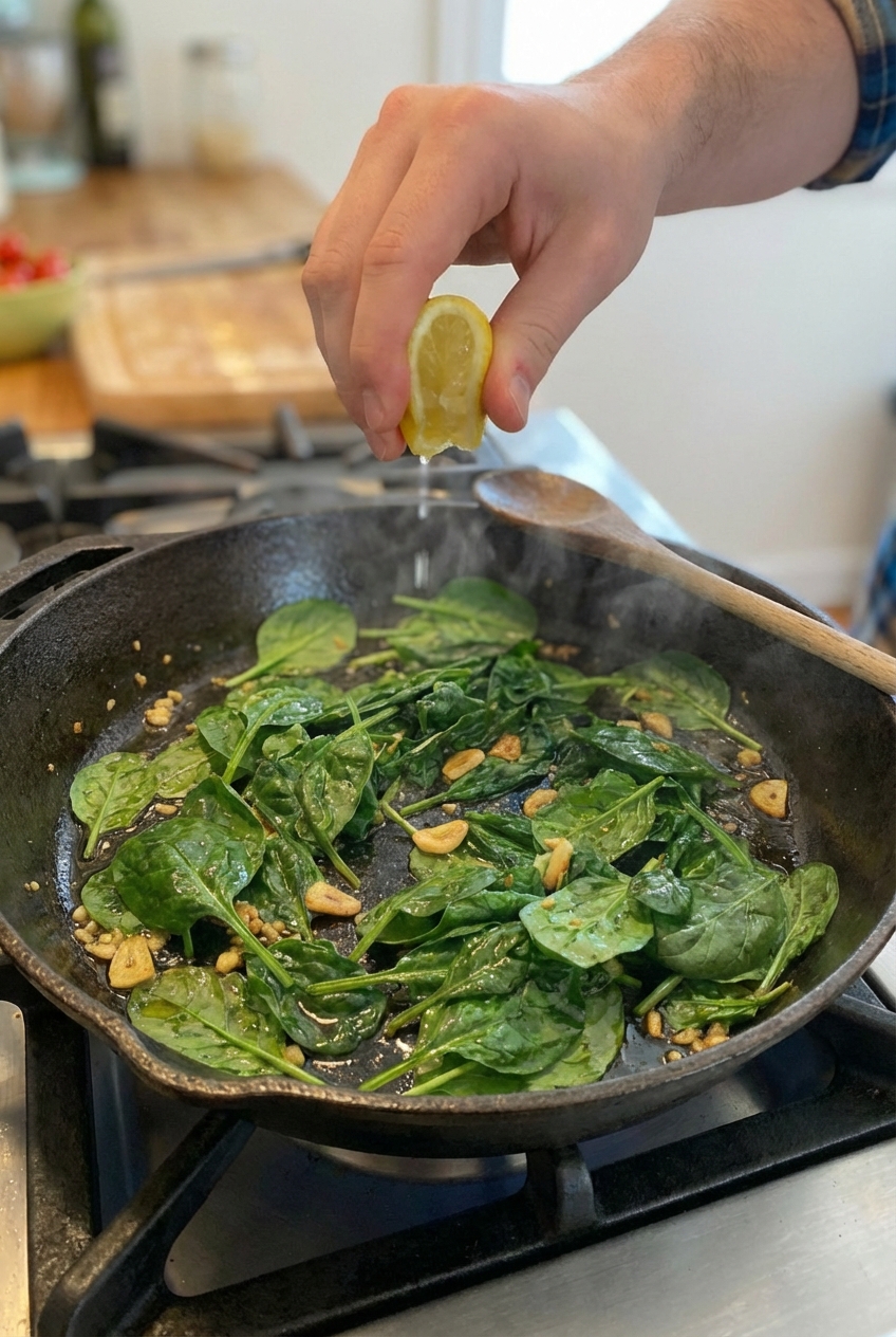 Sautéed spinach being finished with a squeeze of fresh lemon in a skillet
