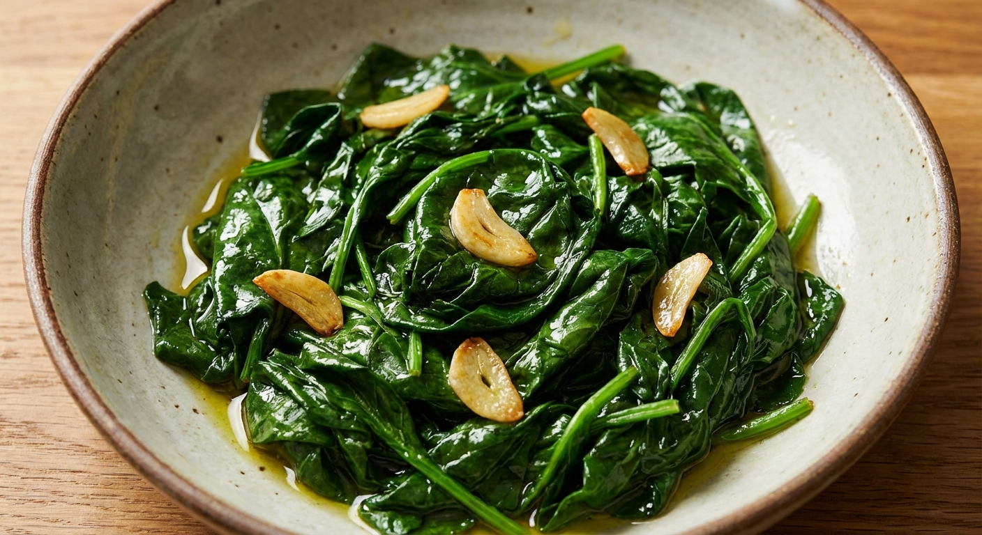 Sautéed spinach served in a small bowl with glossy leaves and visible garlic slices