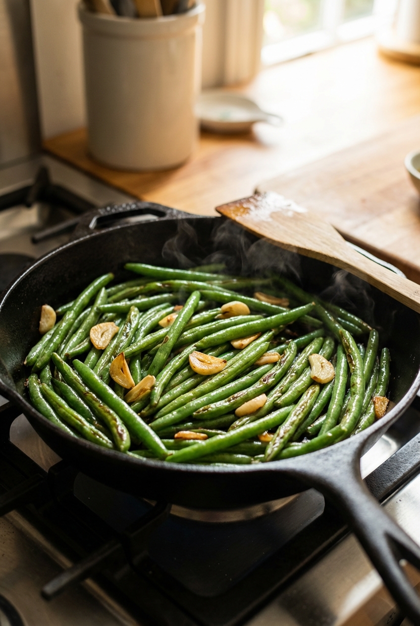 Sauteed green beans with garlic in a skillet