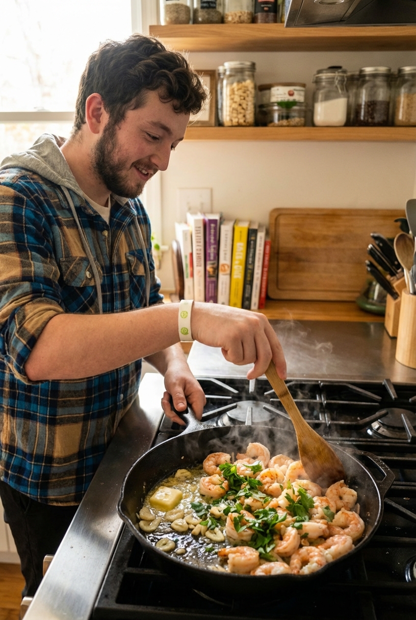 Sauteed shrimp in a skillet with garlic and butter