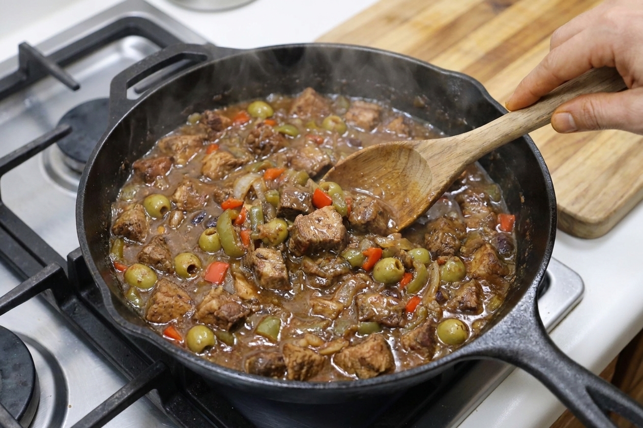 Savory Puerto Rican pork filling simmering in a skillet with olives and peppers, glossy and thick
