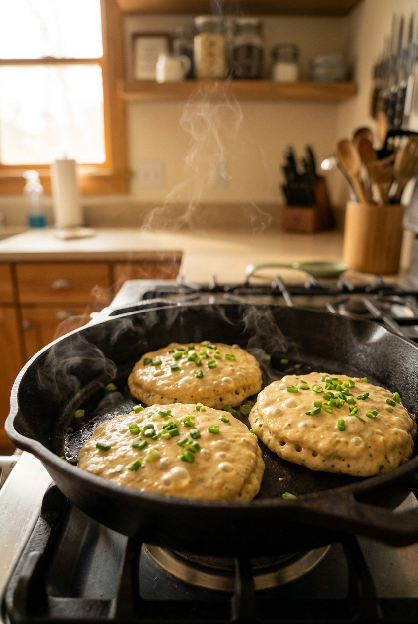 Savory pancakes cooking in a skillet with bubbles on the surface and chopped scallions scattered on top