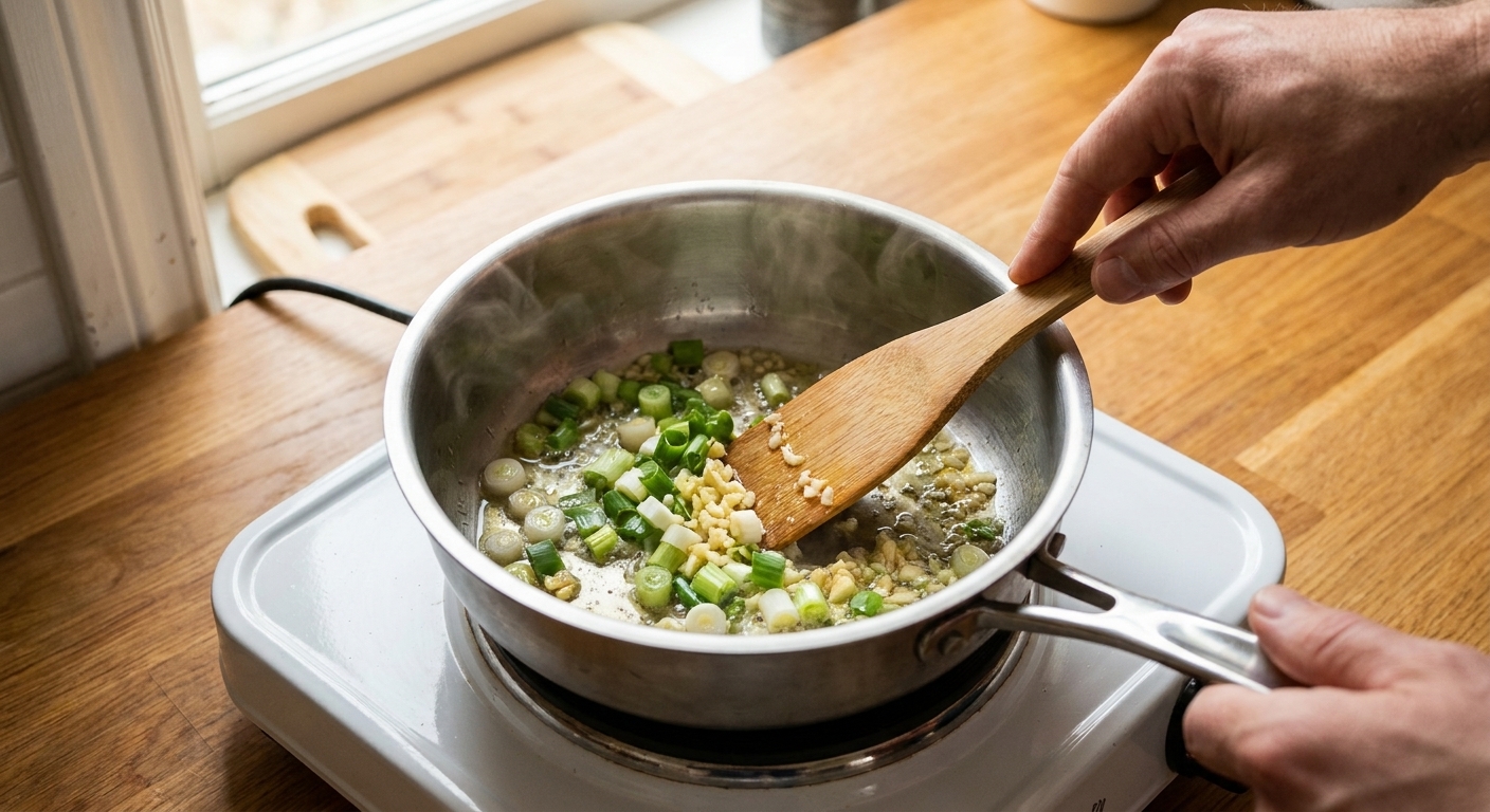 Scallions and minced garlic gently sizzling in oil in a small saucepan on the stovetop