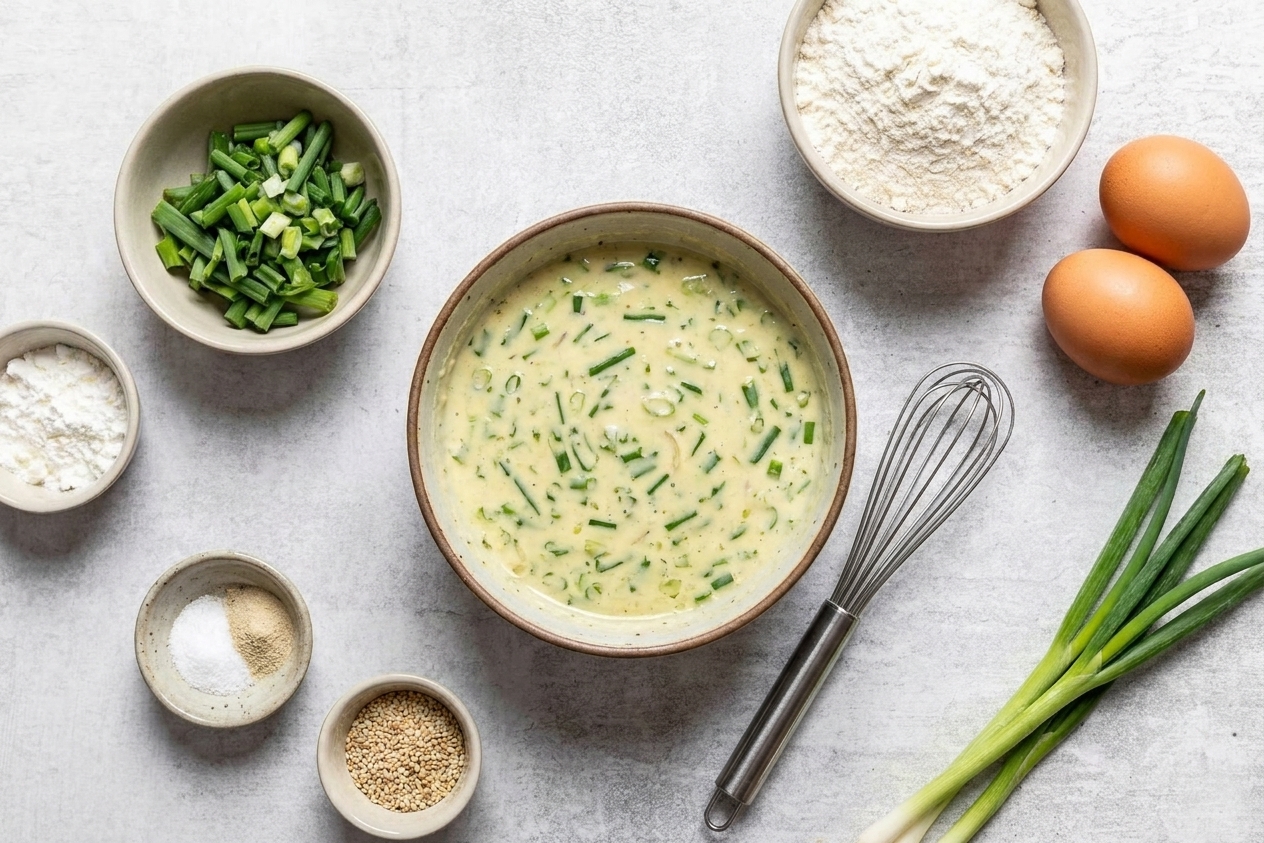 Scallions, flour, cornstarch, eggs, and a bowl of batter on a kitchen counter with a whisk and small dishes of seasonings nearby