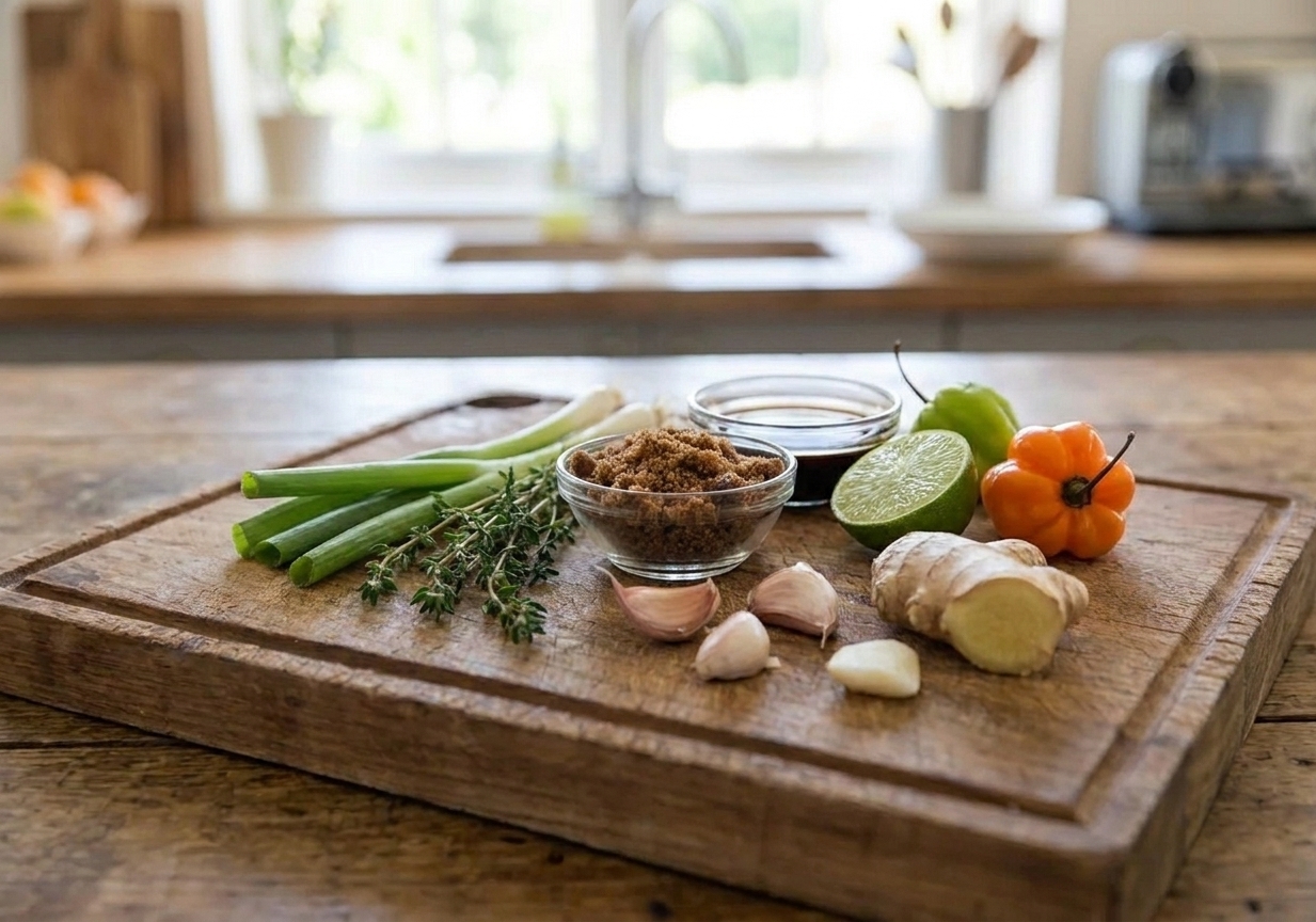 Scallions, fresh thyme, garlic cloves, ginger, brown sugar, soy sauce, lime, and a Scotch bonnet pepper arranged on a cutting board on a kitchen counter