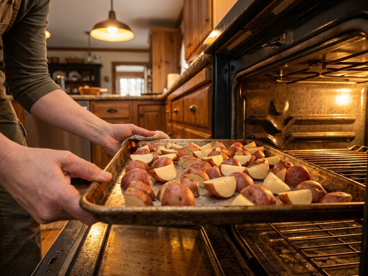 Scarlet potatoes arranged cut-side down on a rimmed baking sheet being slid into a hot oven, warm kitchen lighting