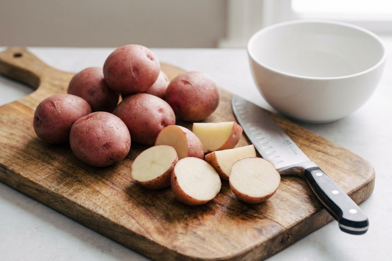 Scarlet potatoes halved and quartered on a wooden cutting board with a chef's knife and a bowl nearby
