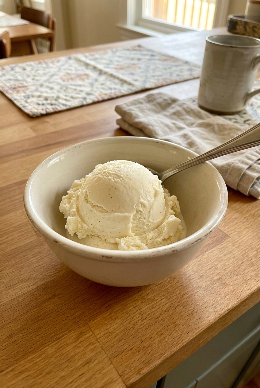 Scoop of vanilla ice cream in a small bowl