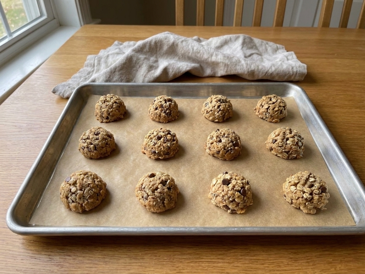 Scooped cookie dough balls spaced on a parchment-lined baking sheet ready to be frozen on a kitchen counter