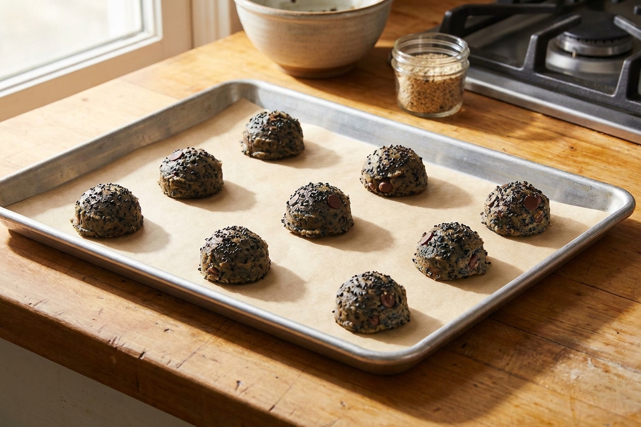 Scoops of black sesame cookie dough spaced on a parchment-lined sheet pan on a home kitchen counter under warm lighting
