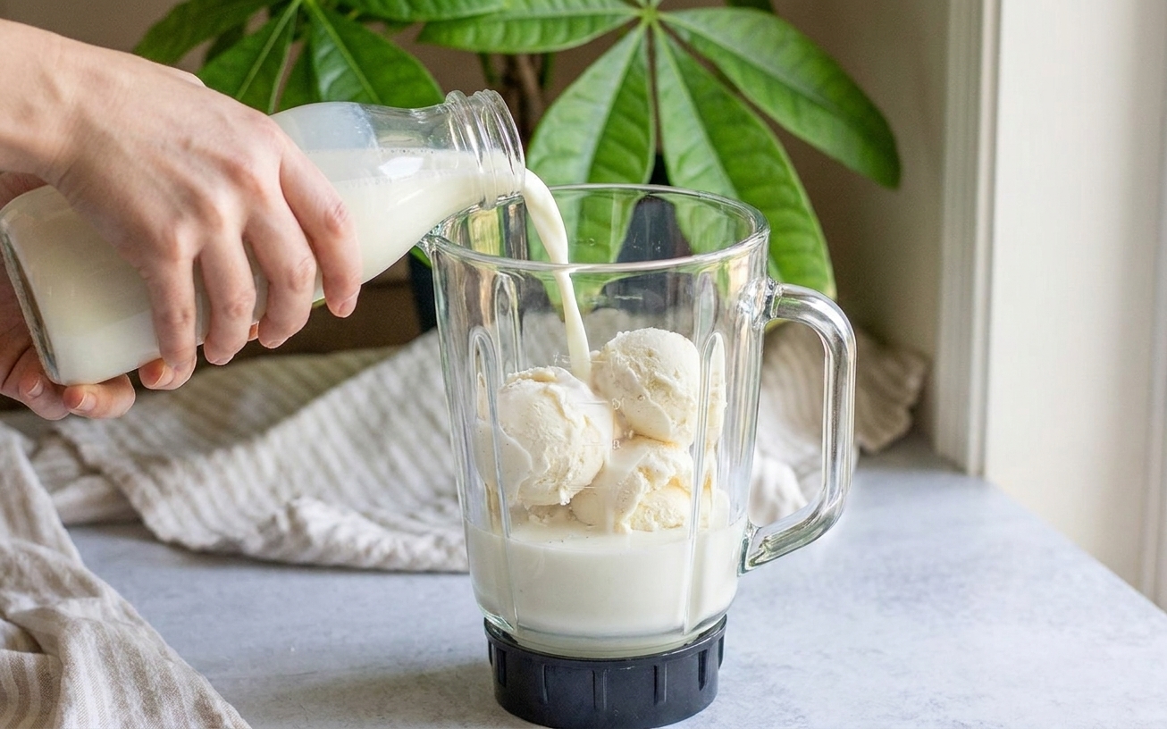 Scoops of vanilla ice cream and milk being added into a blender pitcher on a kitchen counter