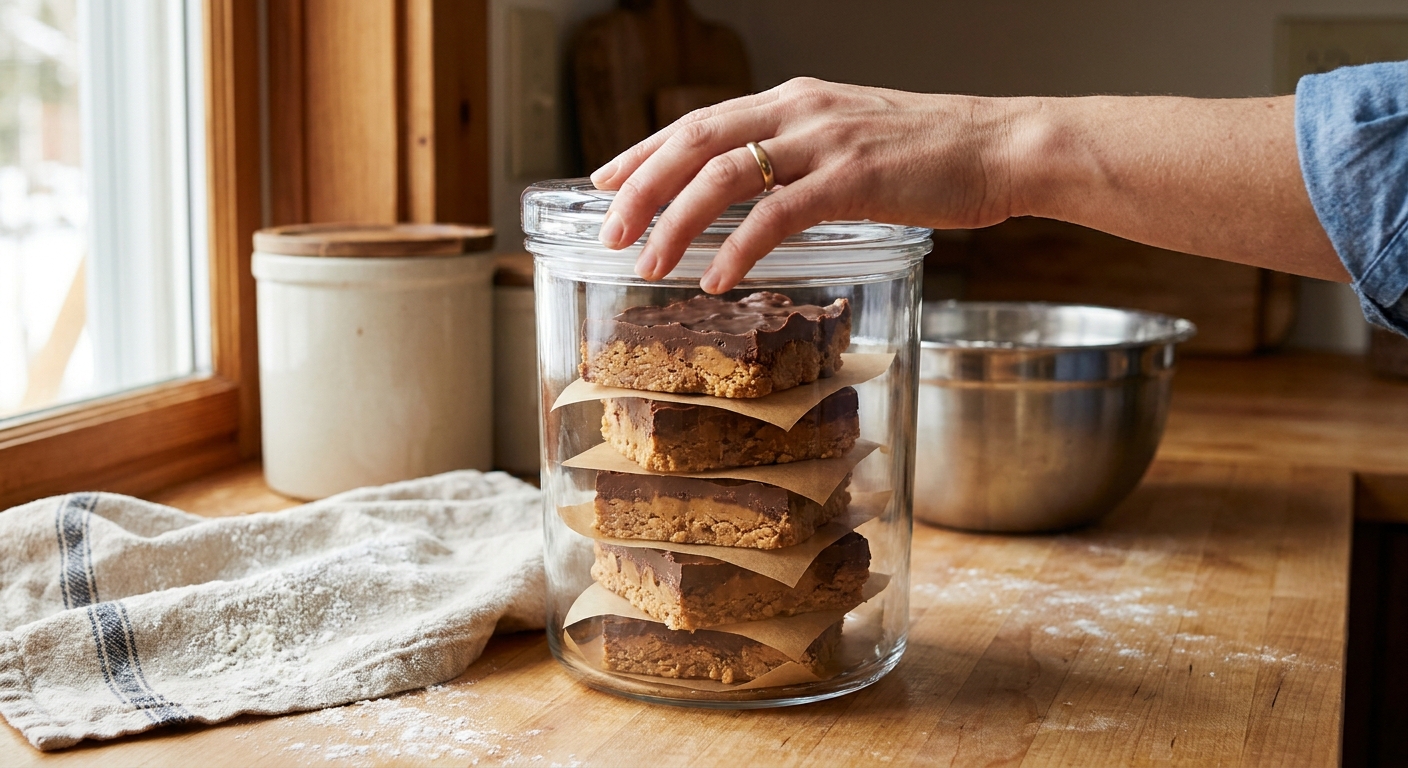 Scotcharoos stacked in an airtight container with parchment paper between layers on a kitchen counter