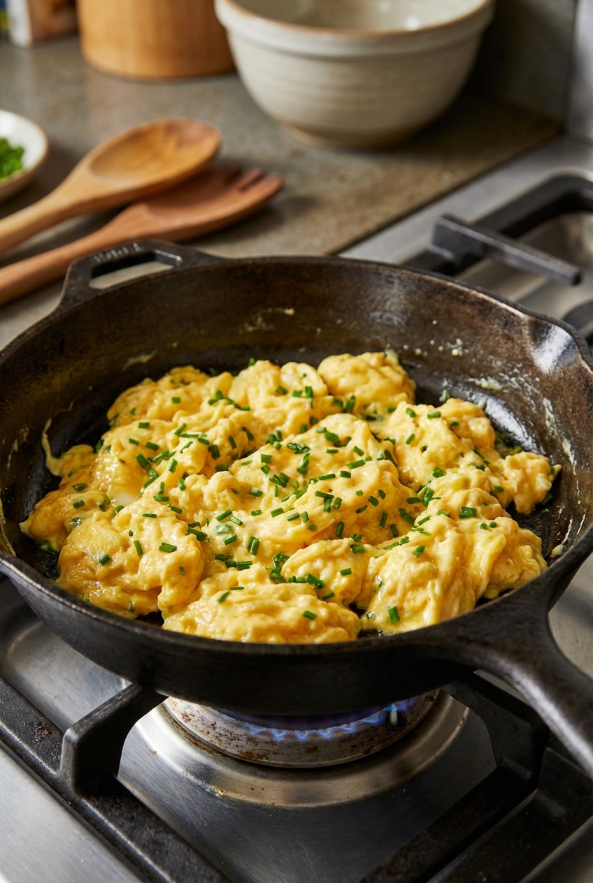 Scrambled eggs in a skillet with chives