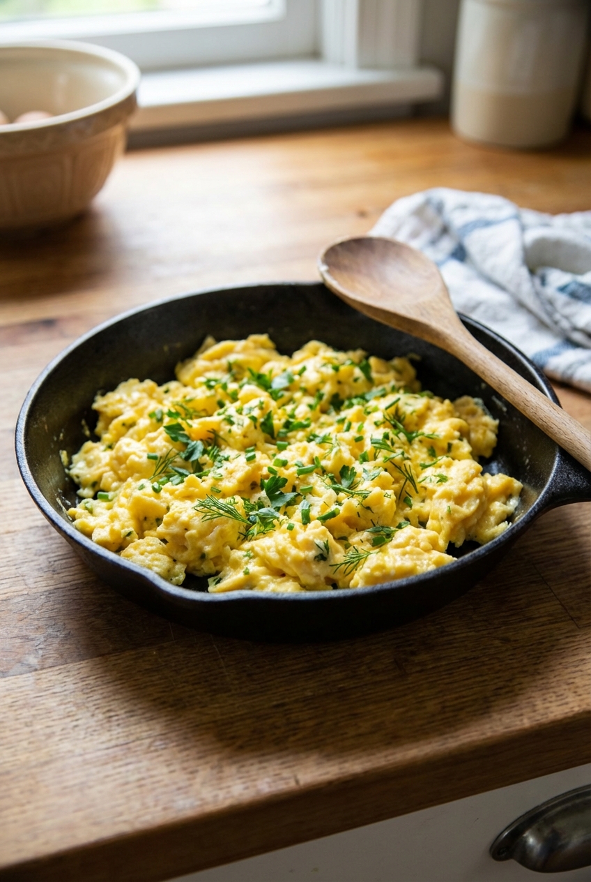 Scrambled eggs with herbs in a small skillet