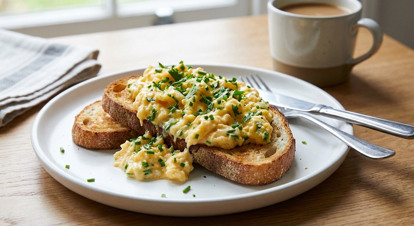 Scrambled eggs with herbs on toast on a white plate