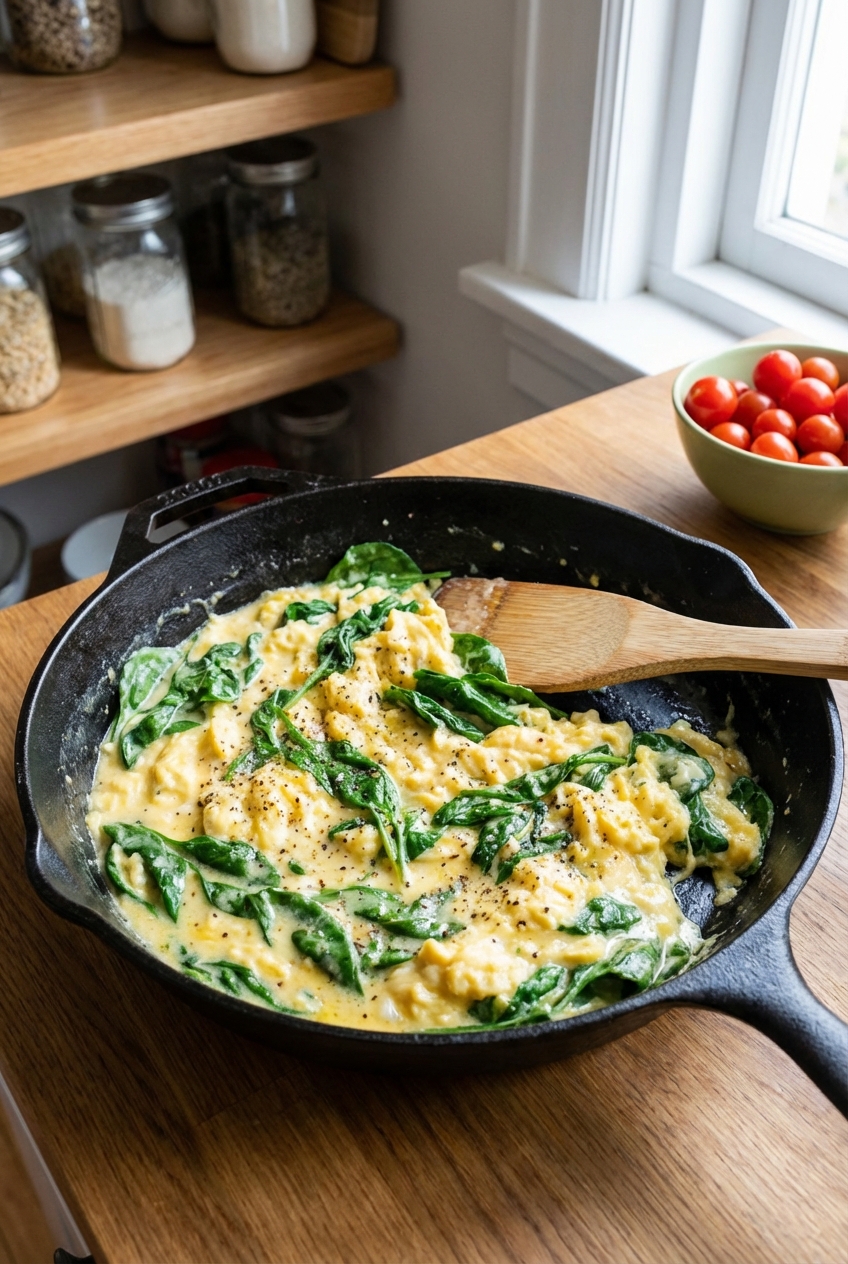 Scrambled eggs with spinach in a skillet