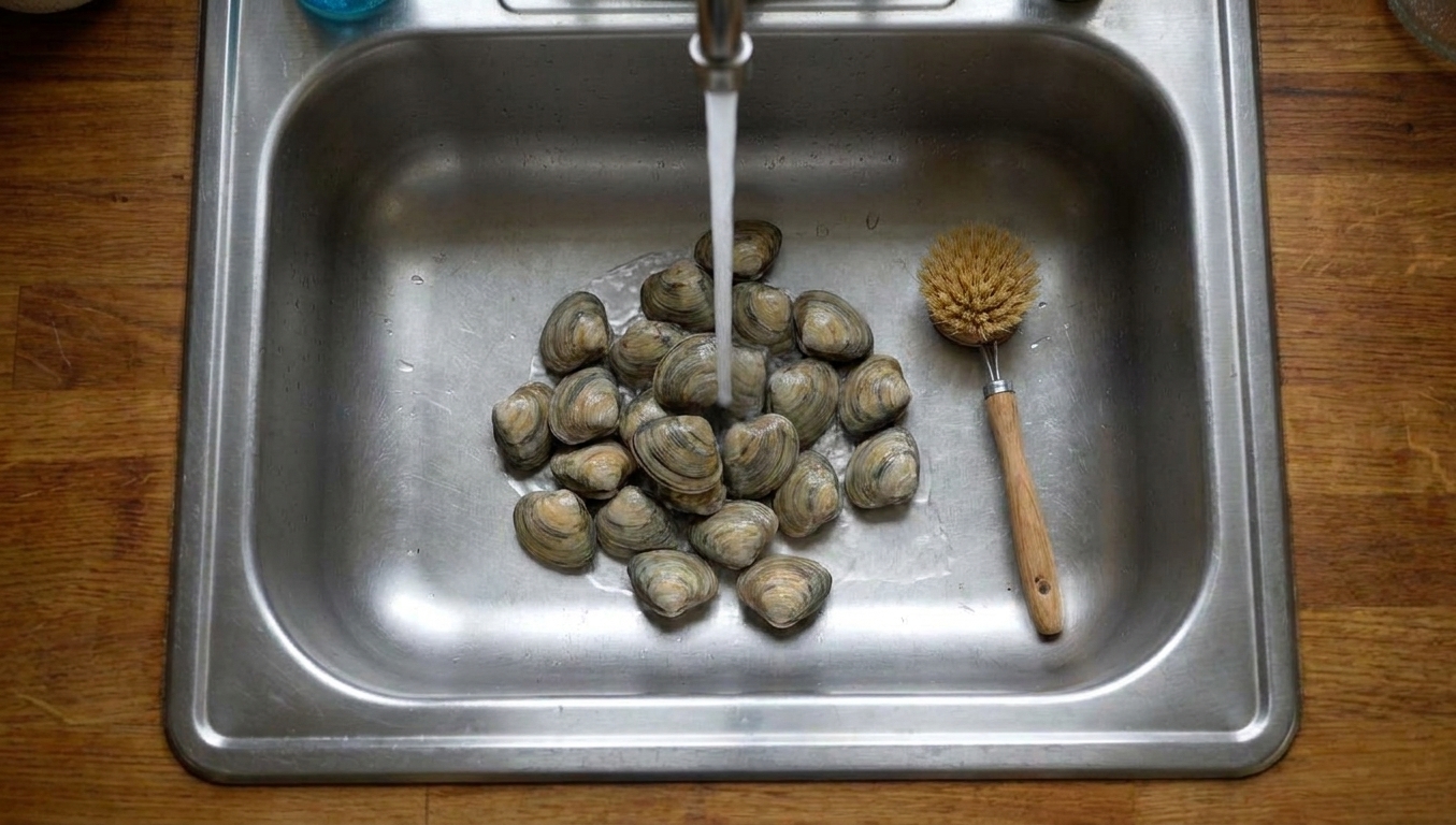 Scrubbed littleneck clams rinsed under cool running water in a stainless steel sink next to a small brush