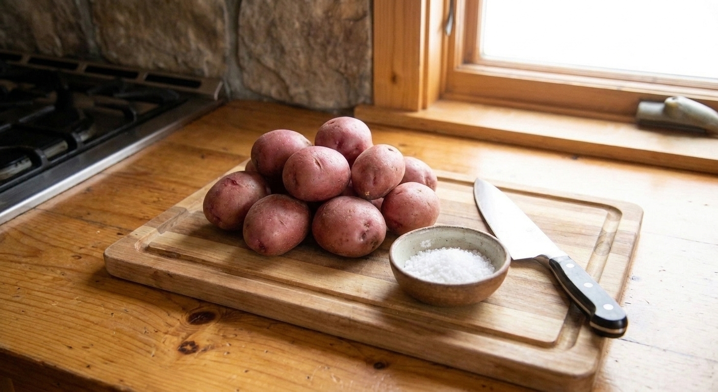 Scrubbed red potatoes on a wooden cutting board beside a chef's knife and a small bowl of kosher salt on a bright kitchen counter