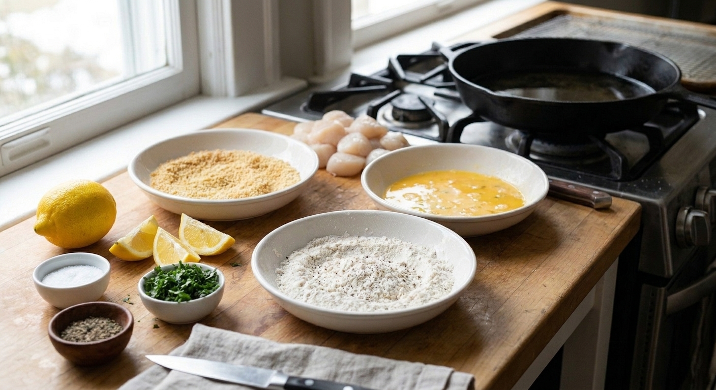 Sea scallops, panko breadcrumbs, flour, eggs, lemon, and spices arranged on a clean kitchen counter with a shallow bowl setup for breading