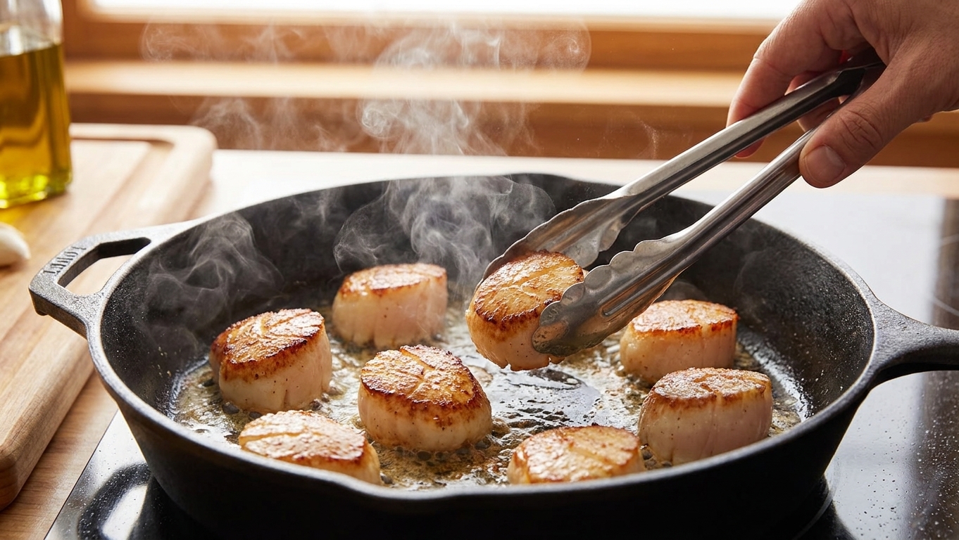 Sea scallops searing in a hot skillet, forming a golden crust on one side