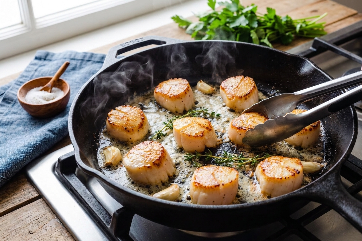 Sea scallops searing in a hot skillet with browned edges forming on a home stovetop