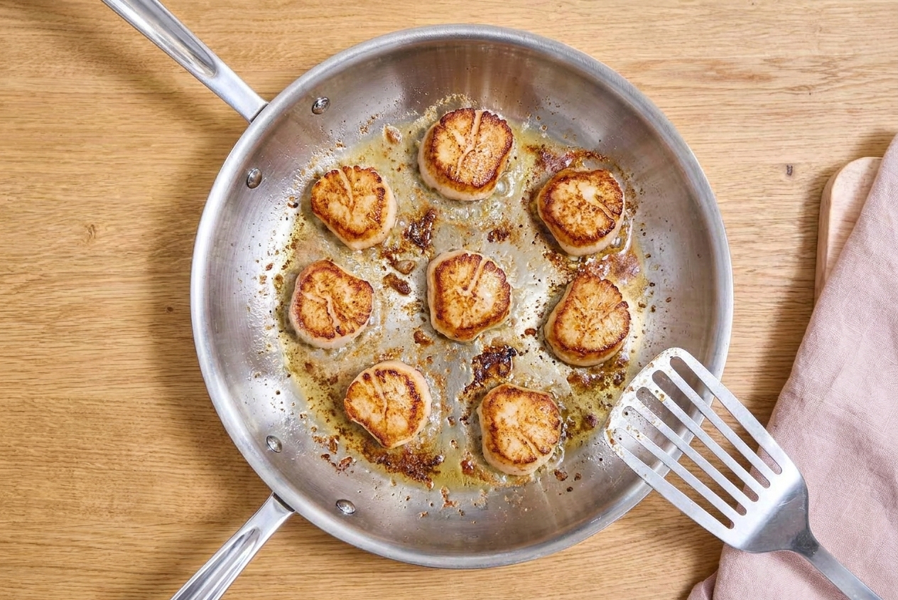 Sea scallops searing in a hot skillet with browned edges forming, viewed from above