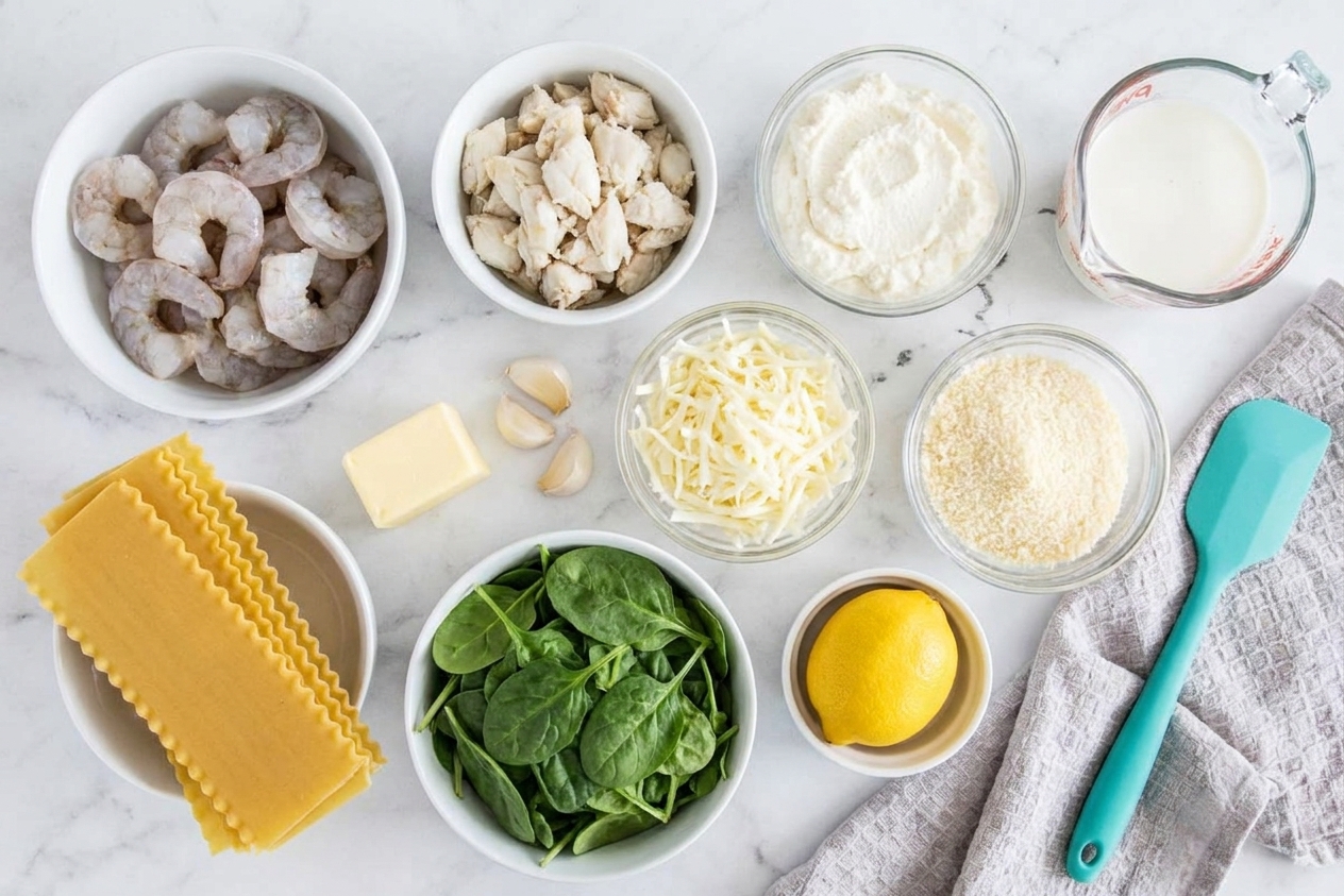 Seafood lasagna ingredients arranged on a kitchen counter including shrimp, lump crab, ricotta, mozzarella, parmesan, lasagna noodles, lemon, garlic, butter, milk, and spinach