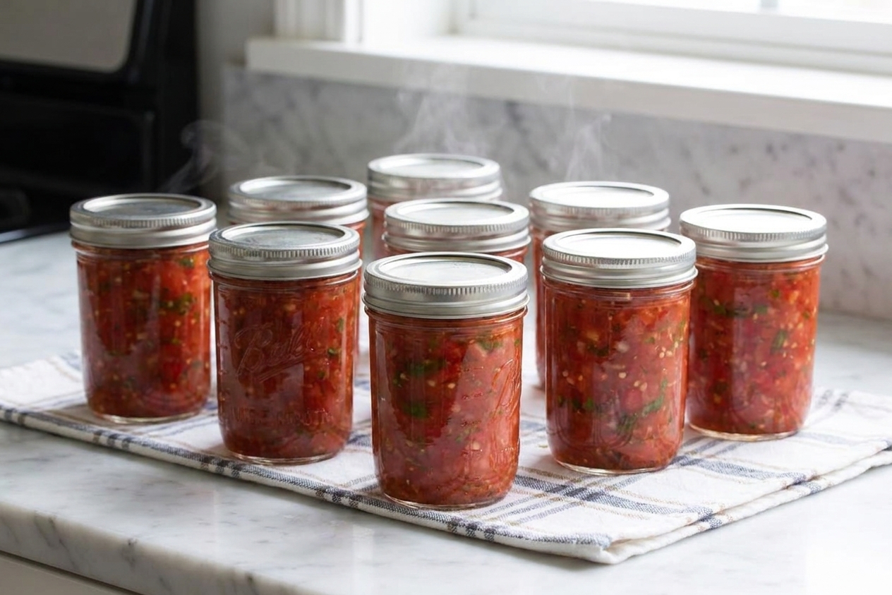 Sealed half-pint jars of homemade tomato salsa cooling on a kitchen towel on a bright countertop
