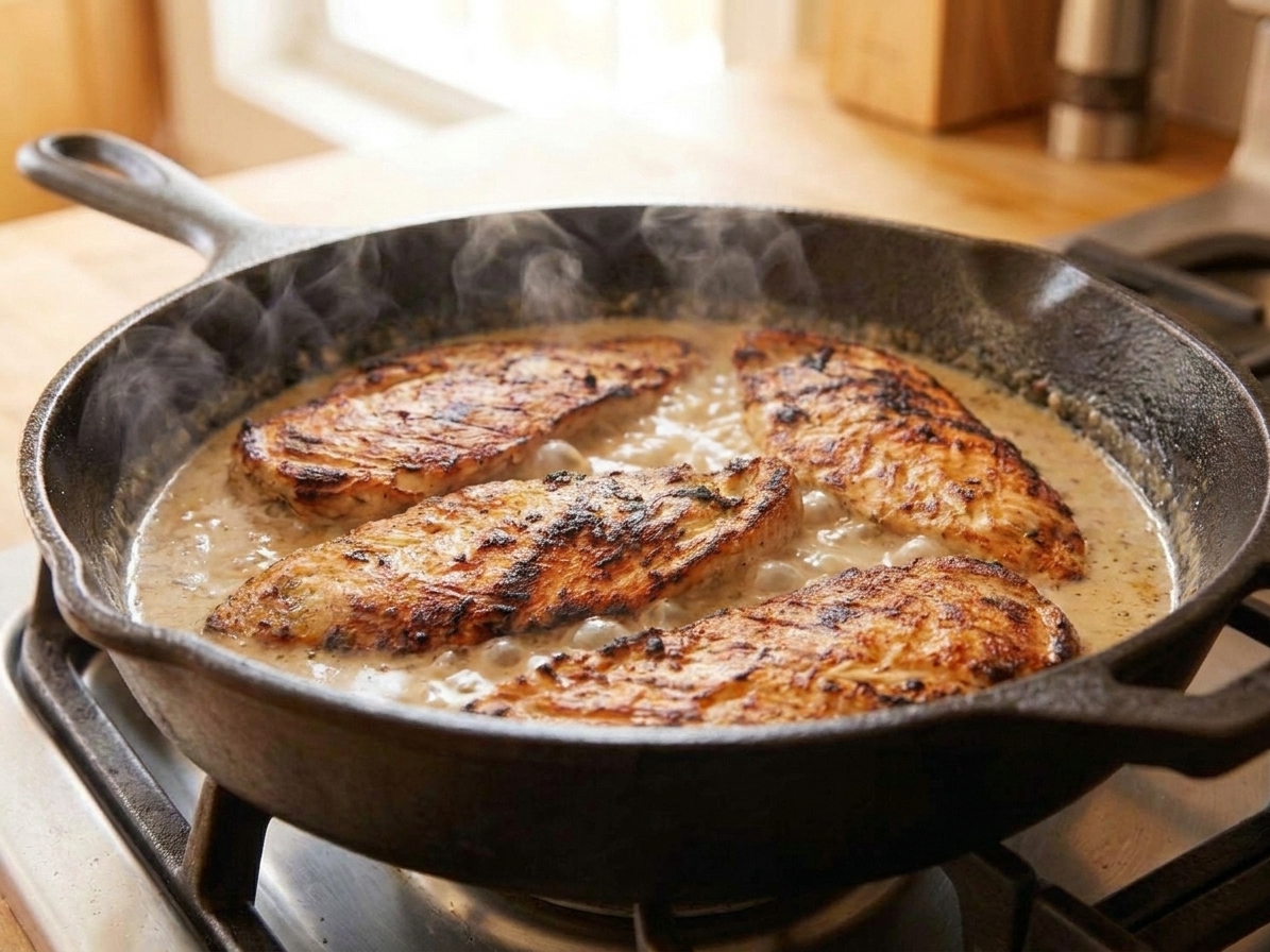 Seared chicken nestled in a creamy sauce in a skillet, gently simmering on the stove