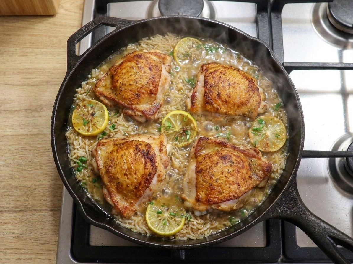 Seared chicken thighs resting on top of rice and broth in a skillet at a gentle simmer, with steam rising